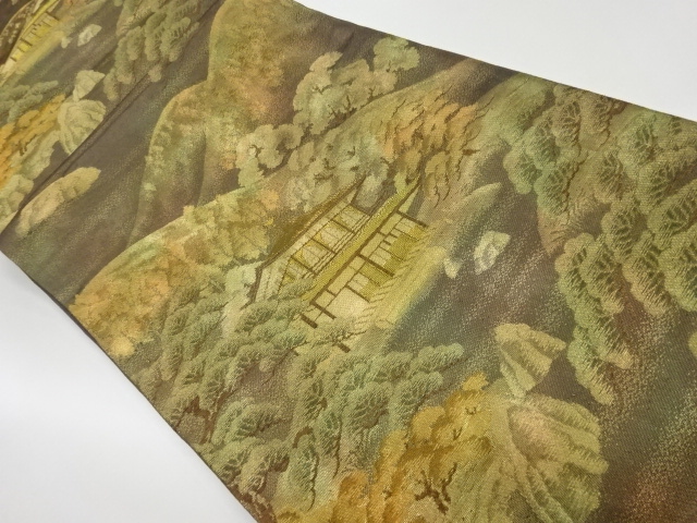 JAPANESE KIMONO / VINTAGE FUKURO OBI / WOVEN TEMPLE & PINE WITH MOUNTAINS